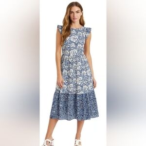 J. Crew Blue and White Cotton Floral Ruffle Sleeve Dress with pockets Size 8